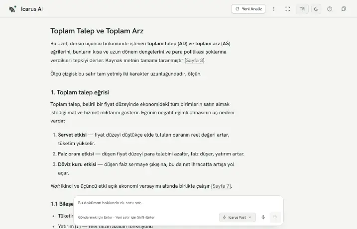 Sonuç ekranı: başlıklara ayrılmış akademik özet ve sayfa referansları.
